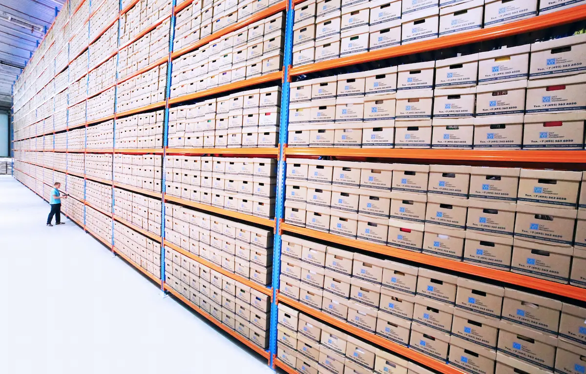 Shelves of archived CD-ROM media