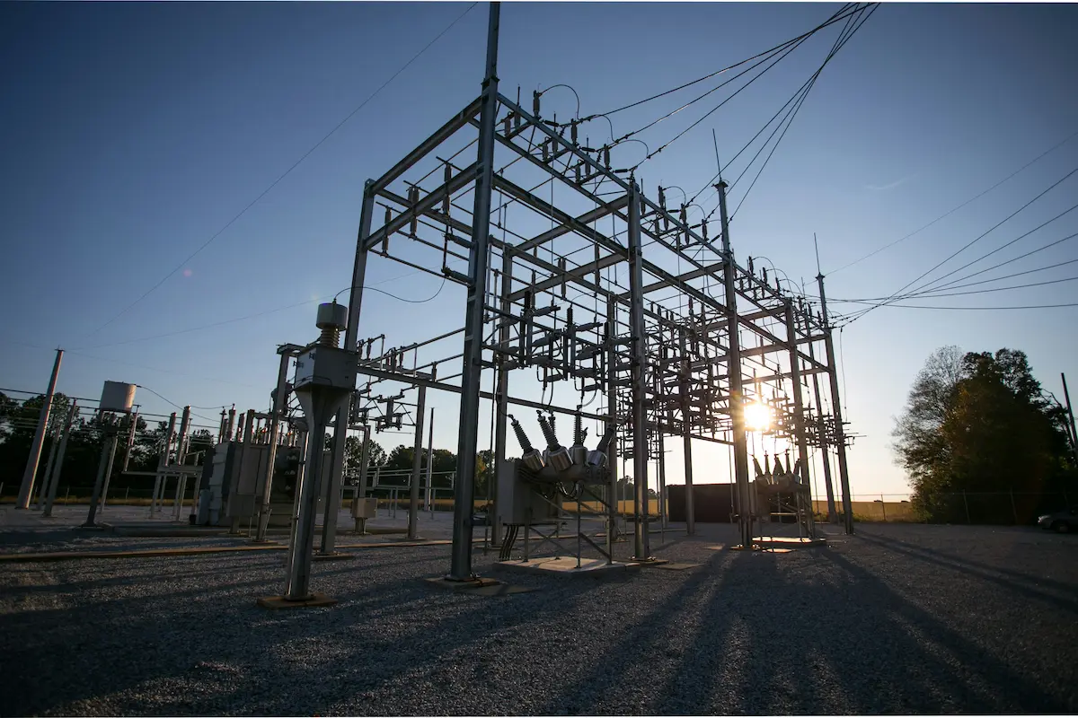 Switchyard equipment at golden hour