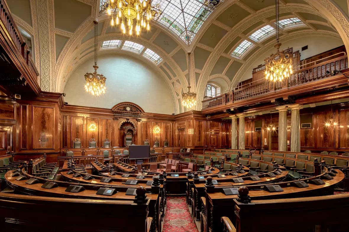 An empty state legislature chamber